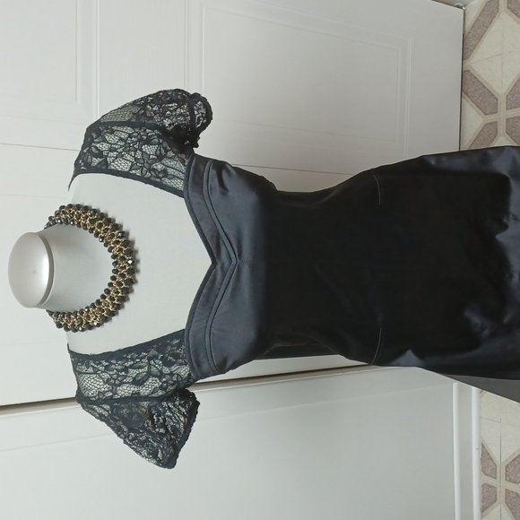 NWOT Black Satin Dress with Lace Sleeves and Back - Picture 2 of 6